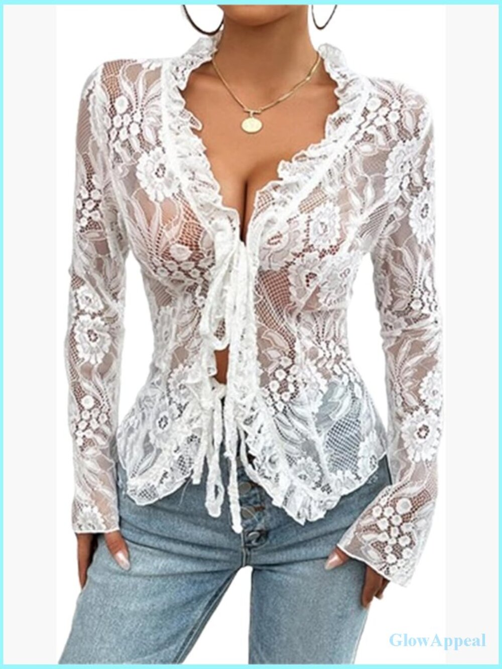 Sheer Mesh Lace Long Sleeve V Neck Tie Front Blouse Cardigan Top